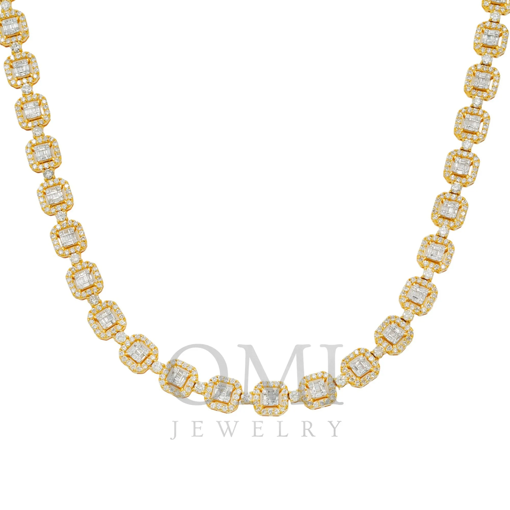 10K GOLD BAGUETTE AND ROUND CLUSTER DIAMOND SQUARE SHAPED CHAIN 120.50 CT