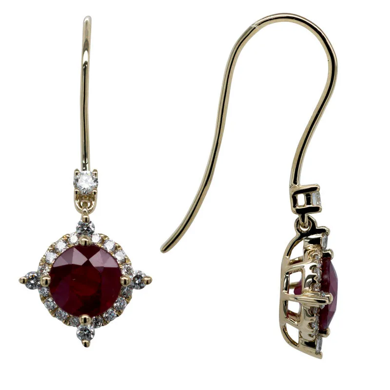 14K YELLOW GOLD RUBY AND DIAMOND SHEPHERD HOOK DANGLE EARRINGS 0.31CTW