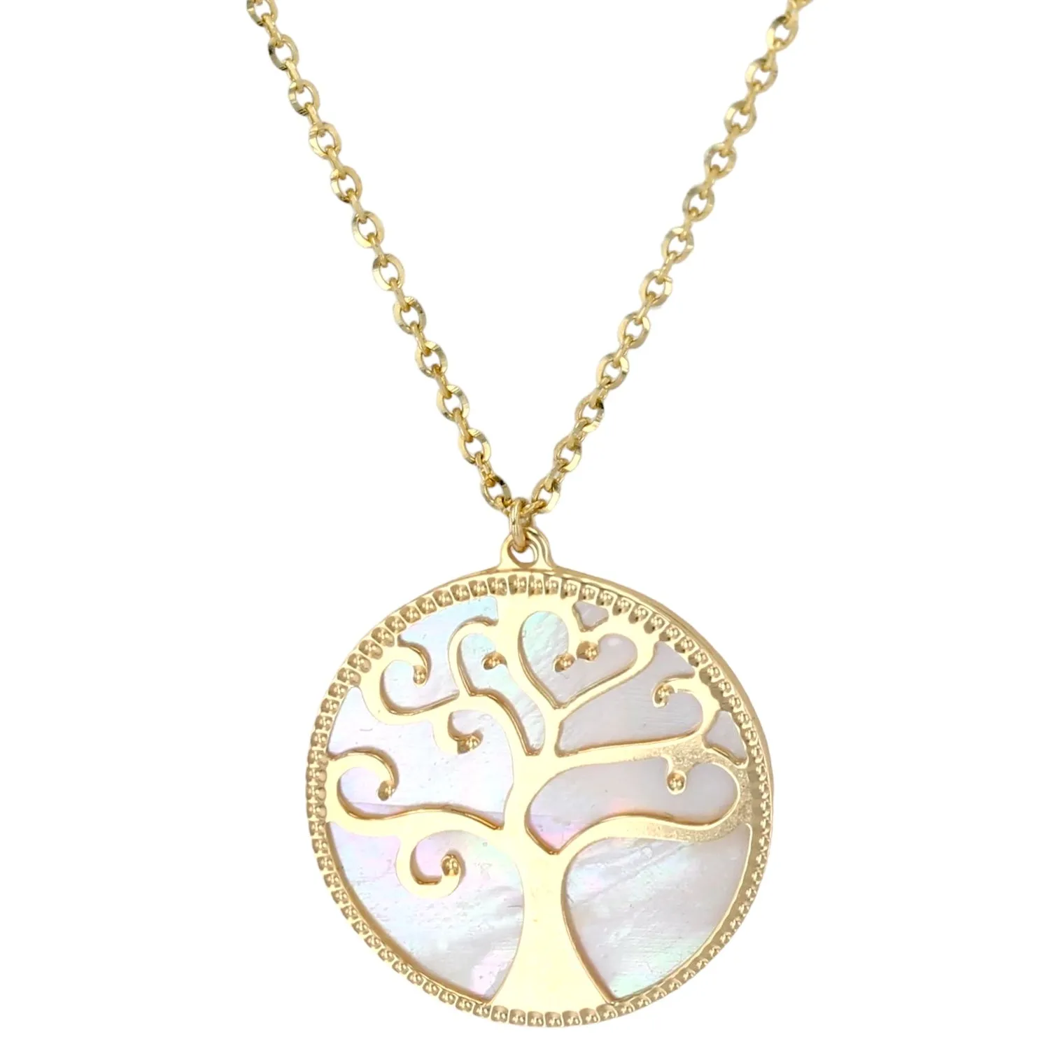 14K Yellow gold two sides mother pearl tree of life necklace-18079