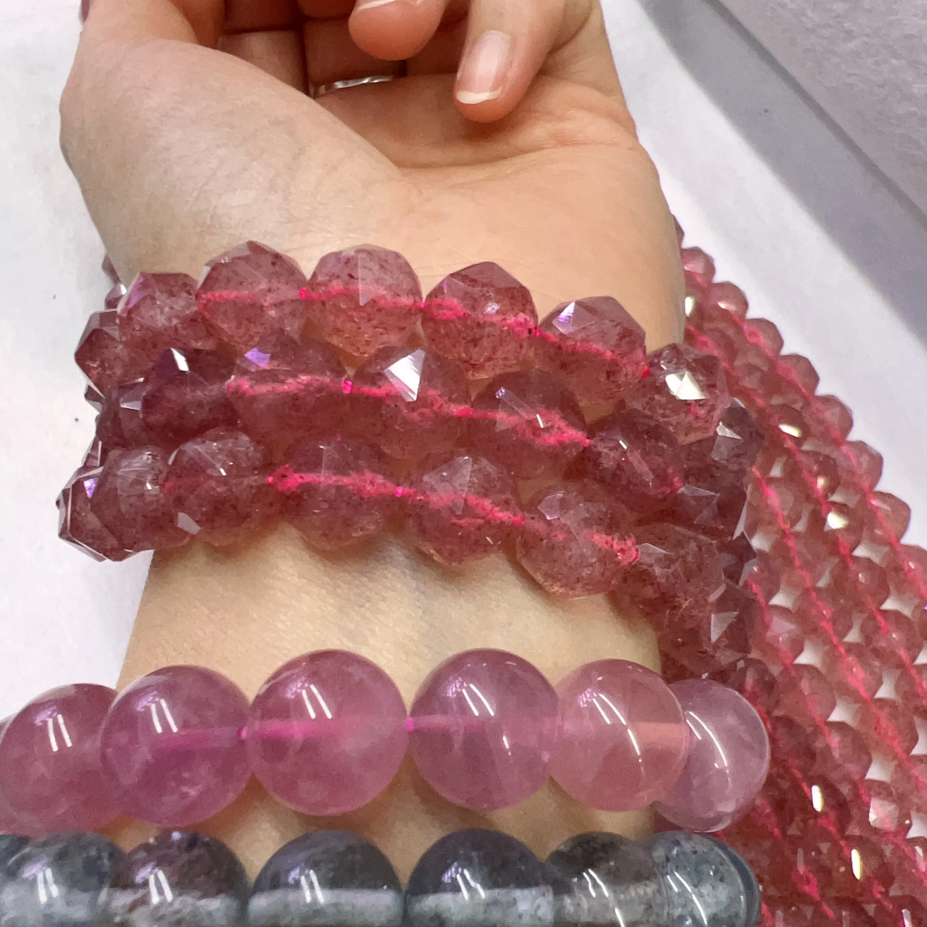 9.5mm High-quality Natural Strawberry Quartz Diamond Cut Faceted Bead Strands Jewelry Findings Supplies