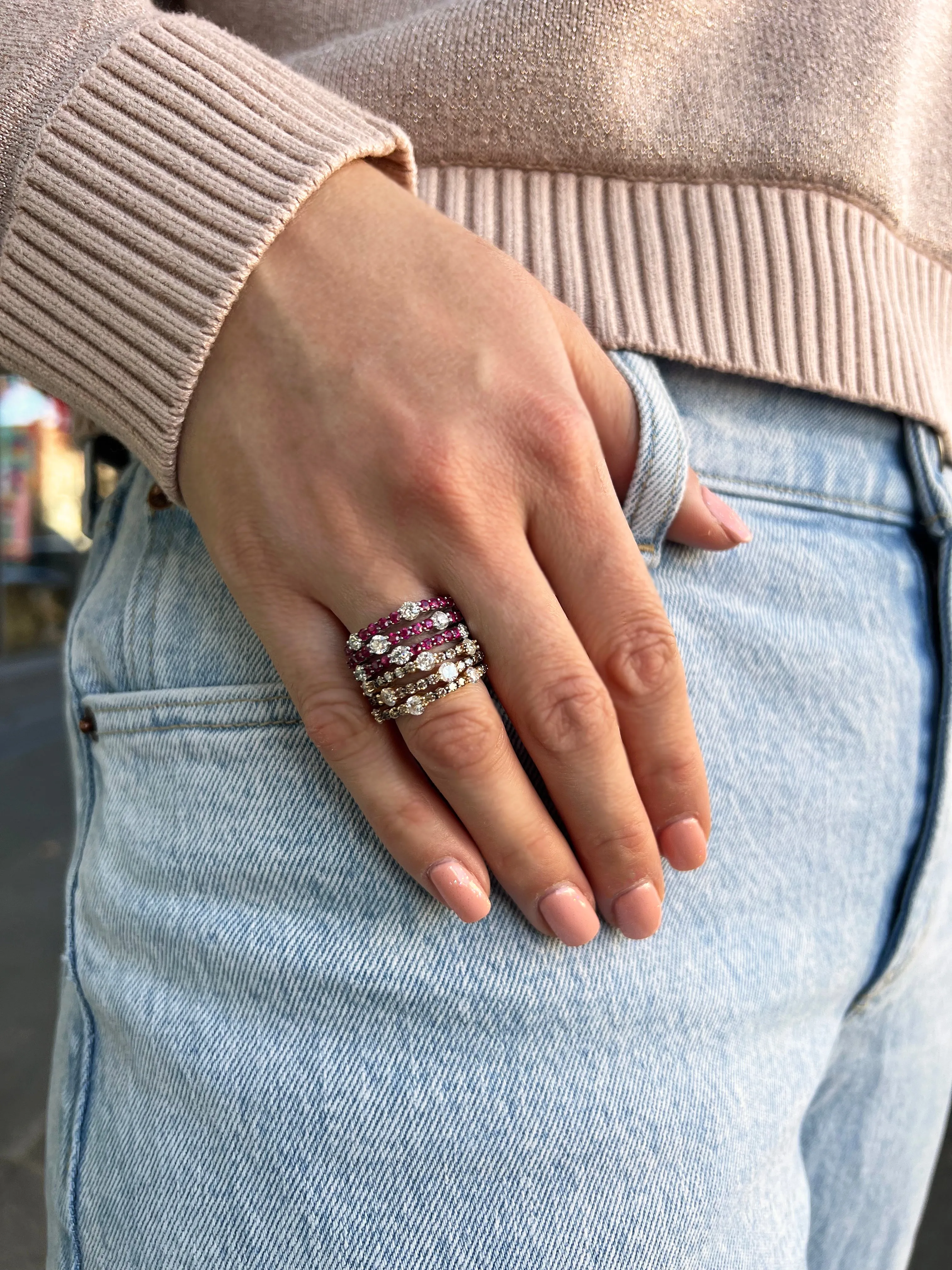 AFJ Diamond Collection - Tri Layered Ring with White and Champagne Diamonds, Yellow Gold