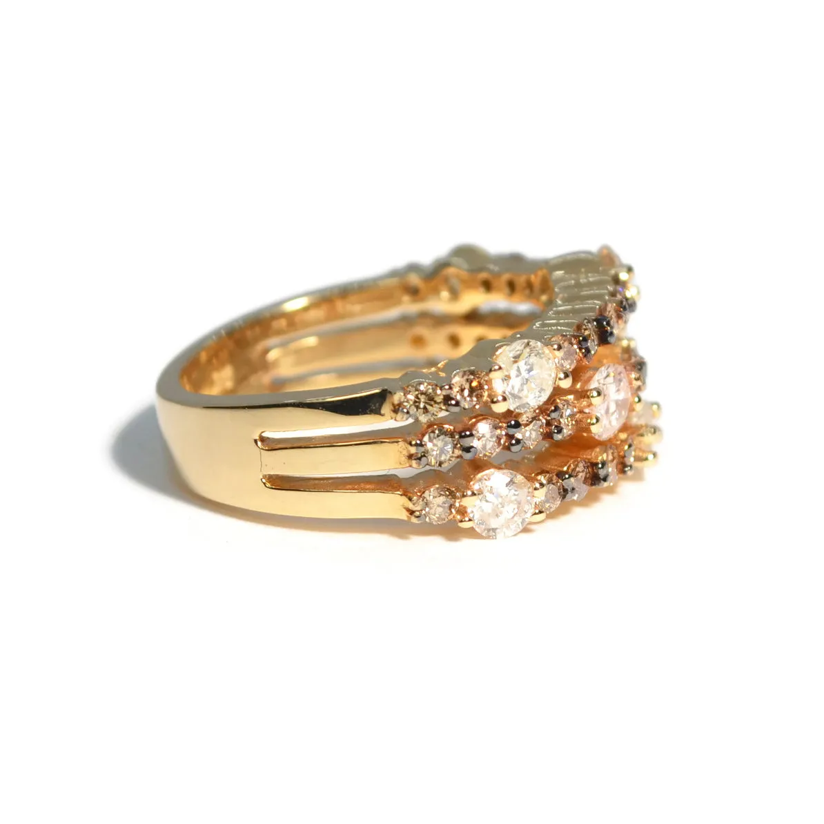 AFJ Diamond Collection - Tri Layered Ring with White and Champagne Diamonds, Yellow Gold