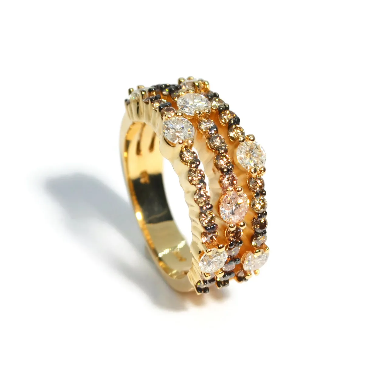 AFJ Diamond Collection - Tri Layered Ring with White and Champagne Diamonds, Yellow Gold