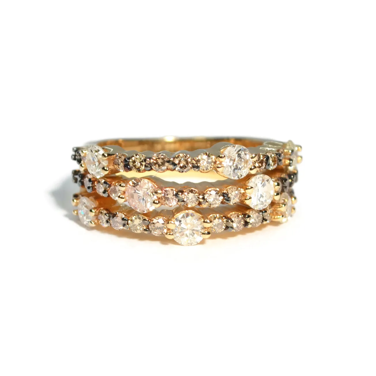 AFJ Diamond Collection - Tri Layered Ring with White and Champagne Diamonds, Yellow Gold