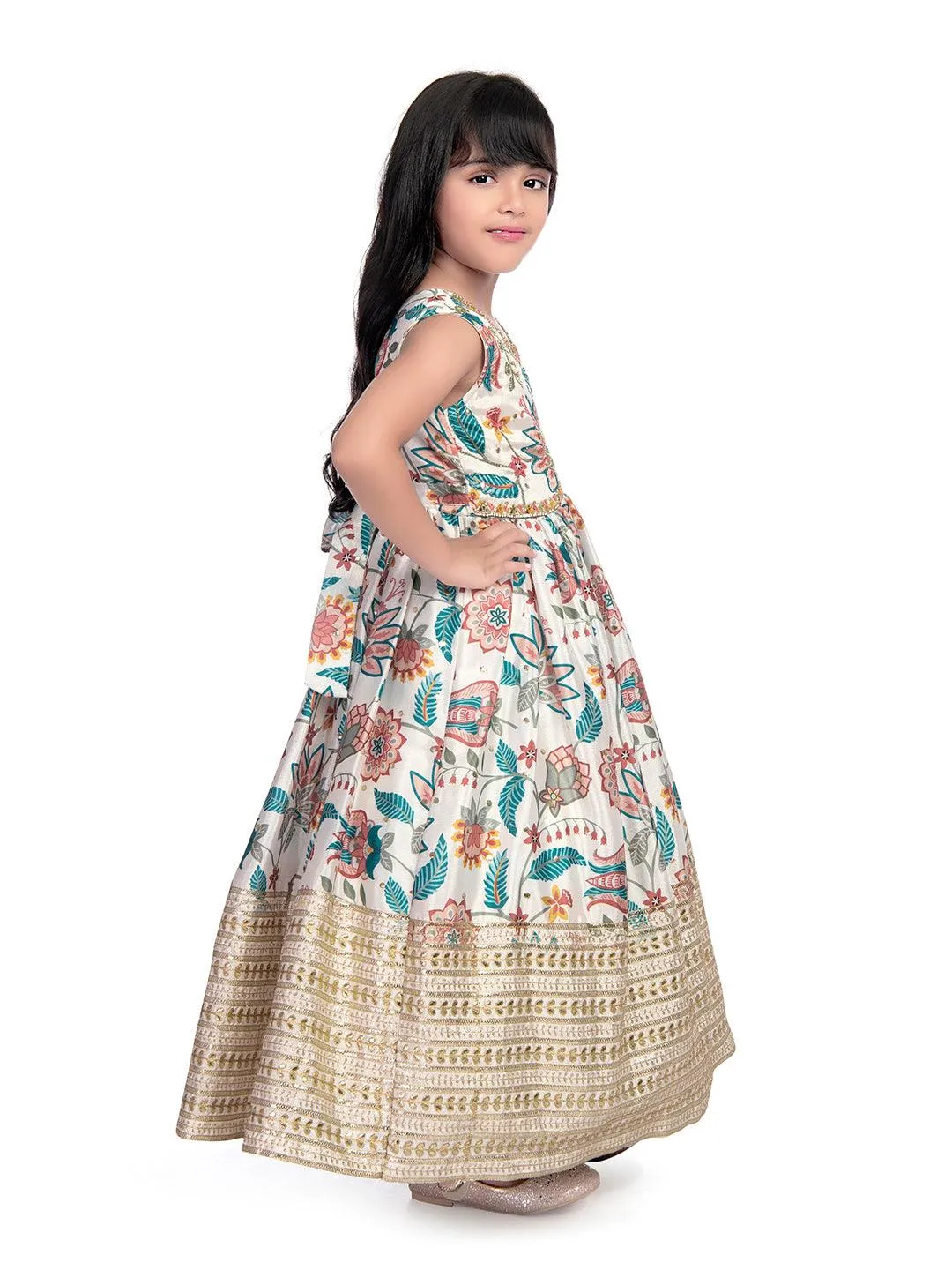 Cream Coloured Pure Viscose Heavy Border Gown For Girls / Pure Ethnic Wear Online