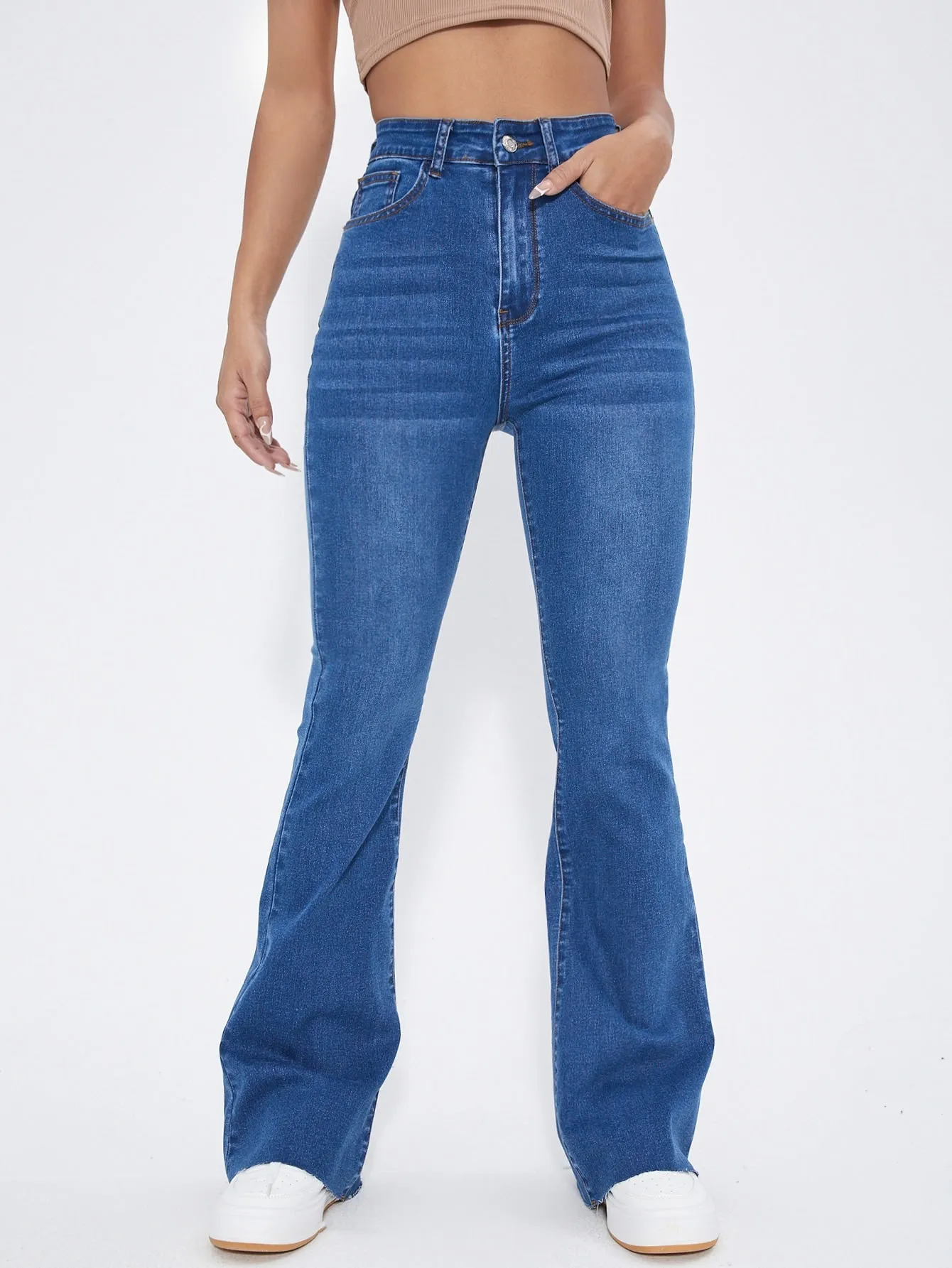 High Waist Raw Cut Flare Jeans