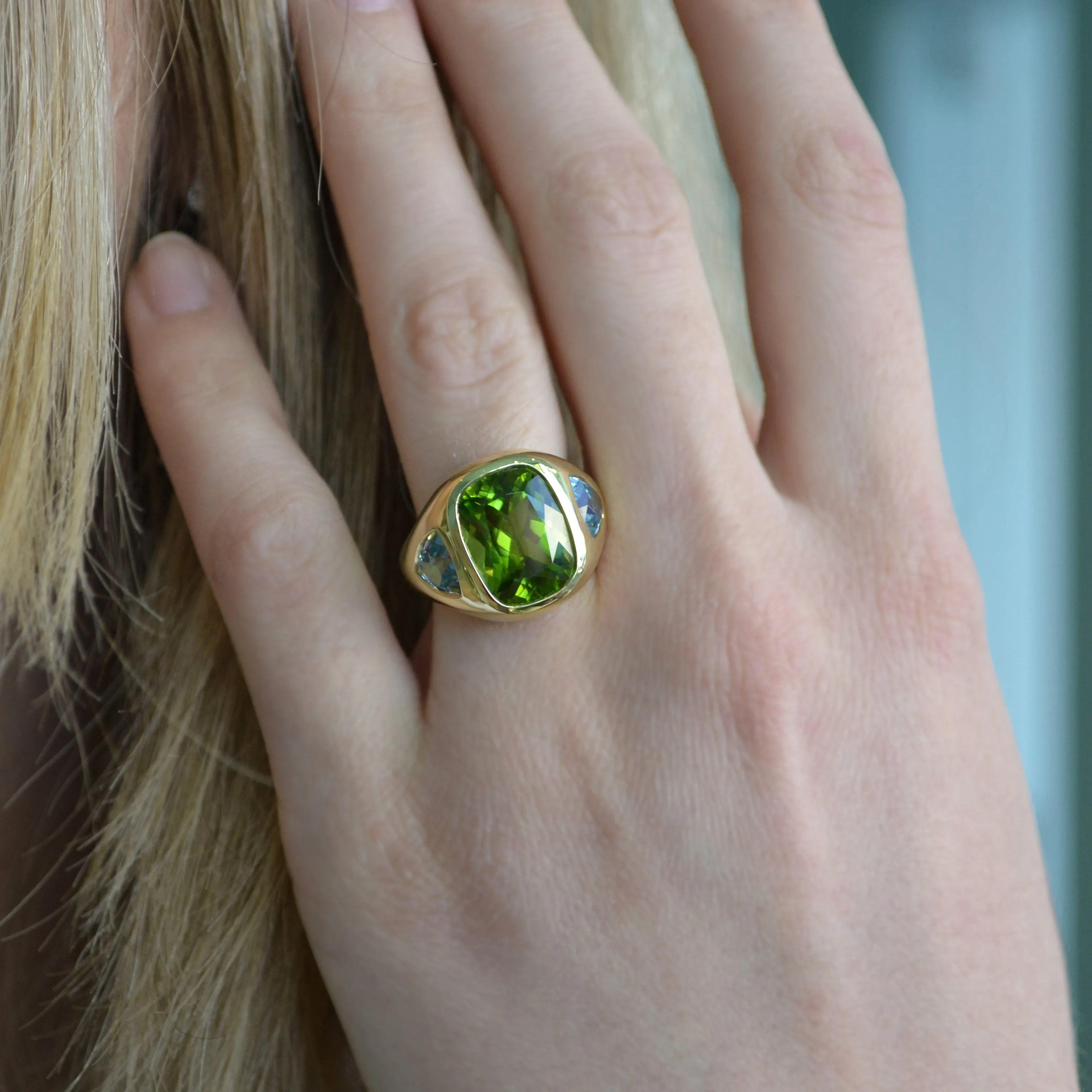 Lauren K - Gypsy Ring with Peridot and Aquamarine, 18k Yellow Gold