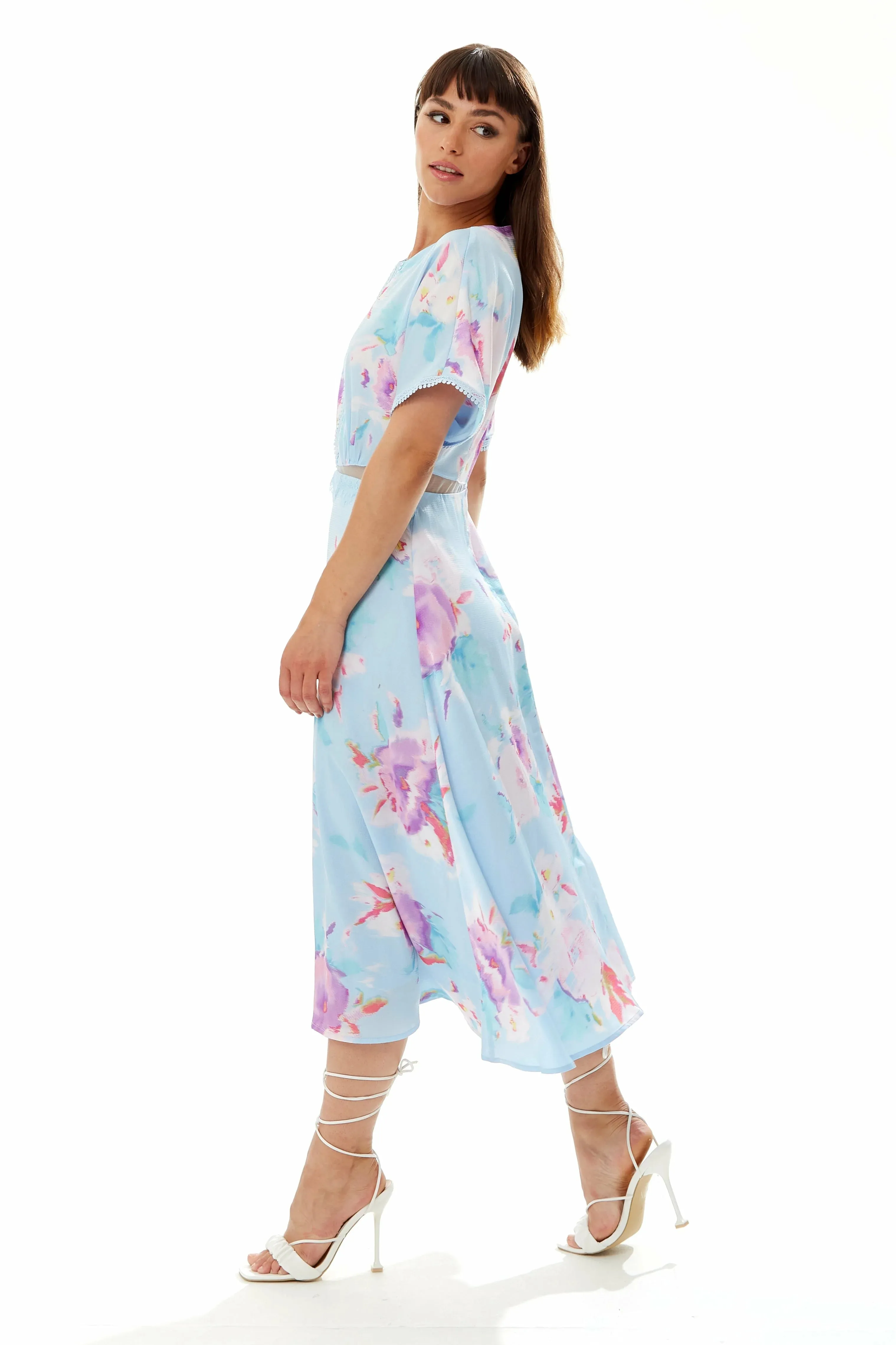 Liquorish Midi Floral Print Dress With Mesh Detail In Blue