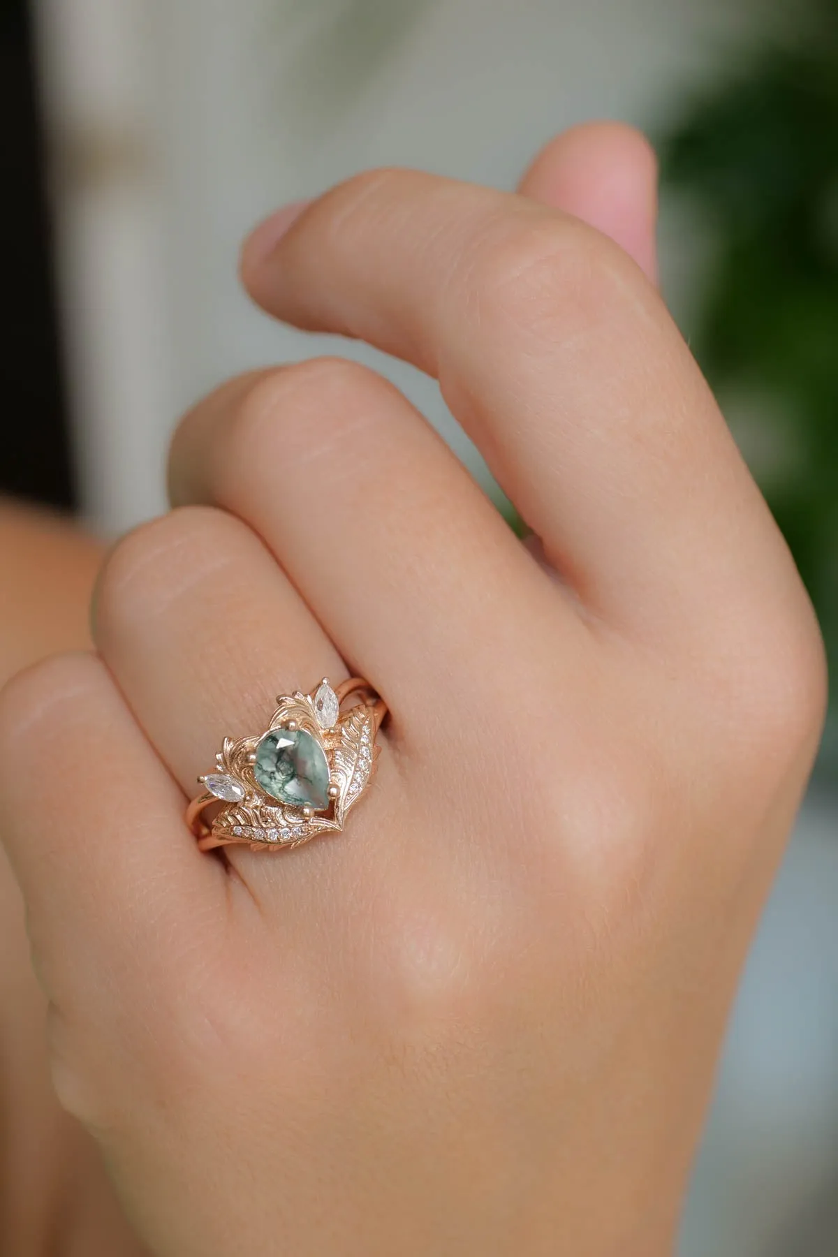 Natural moss agate engagement ring, rose gold proposal ring with diamonds / Adonis