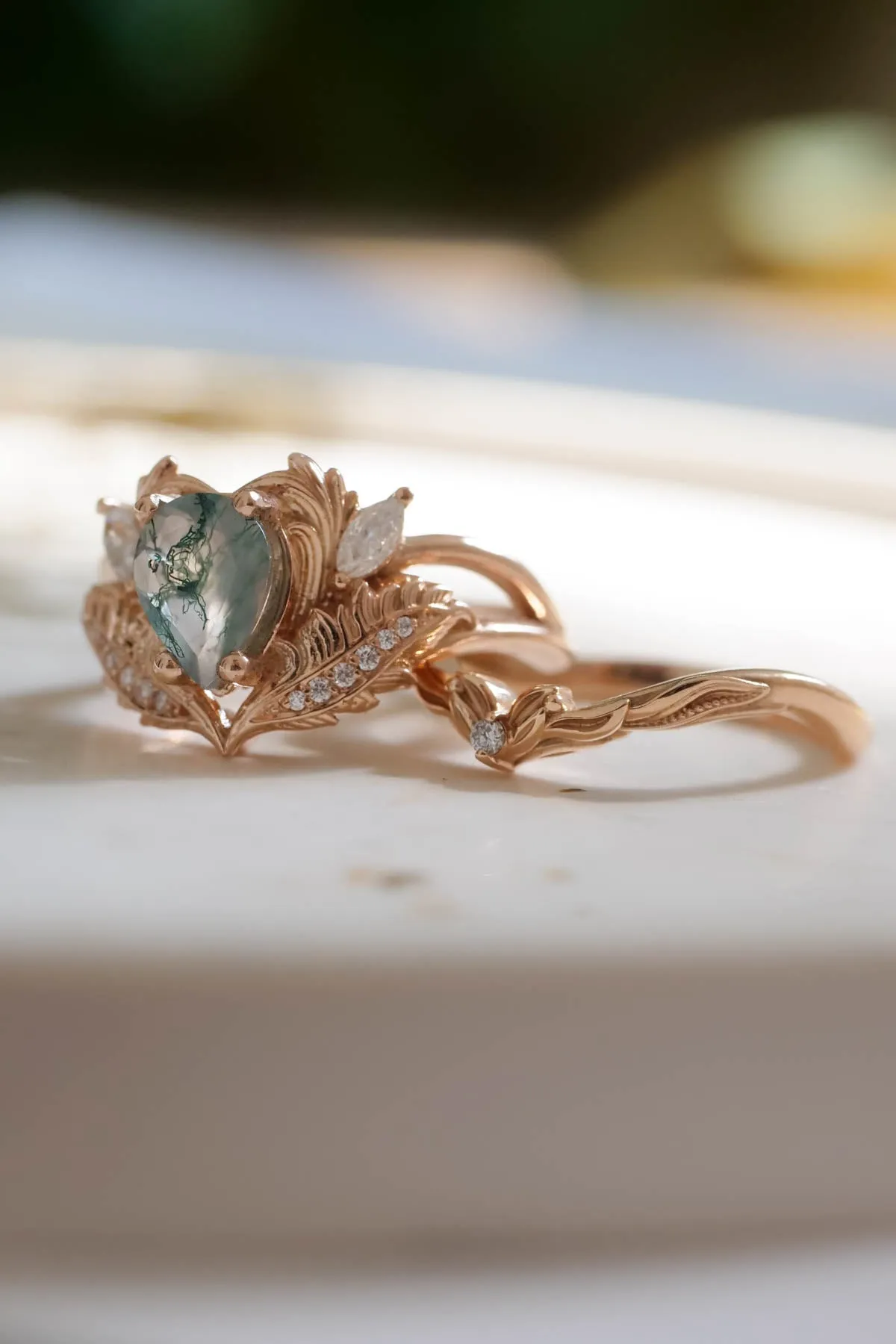 Natural moss agate engagement ring, rose gold proposal ring with diamonds / Adonis