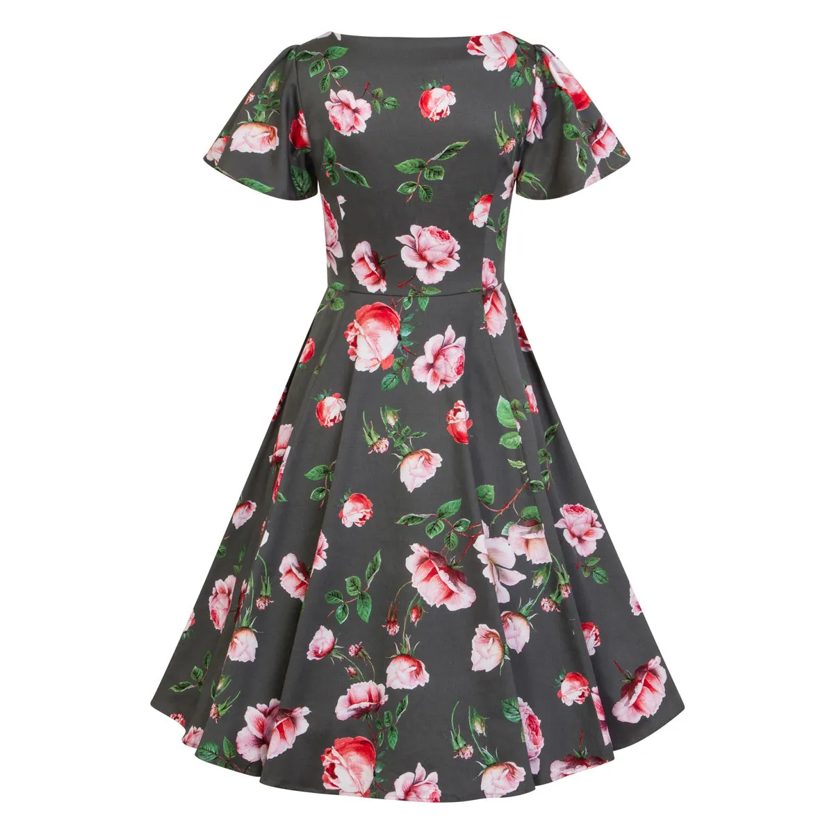 Sage Green Floral Print Cap Sleeve Rockabilly 50s Swing Tea Dress