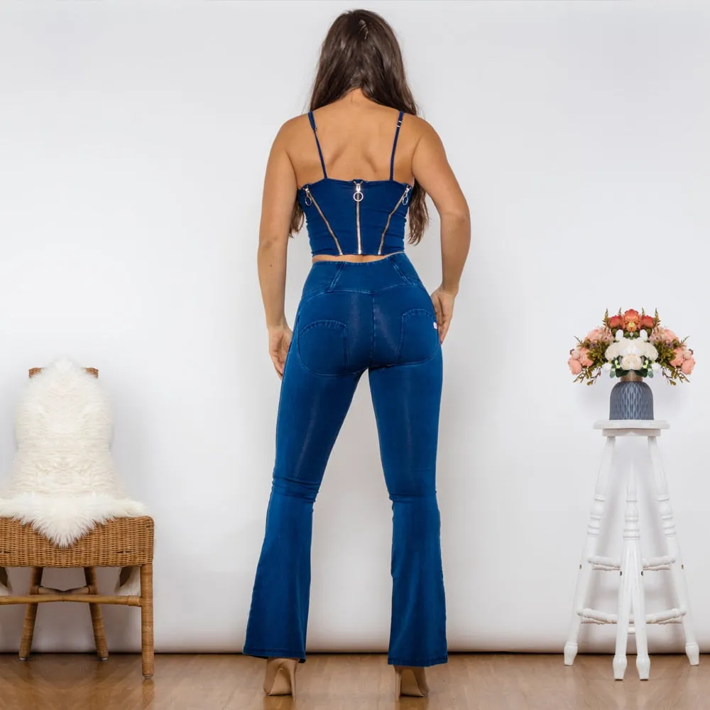 Shaper Set Bodysuit Zipper Push Up Top Dark Blue Jeans Top High Waist Flare Jeans Women Two Piece Outfits