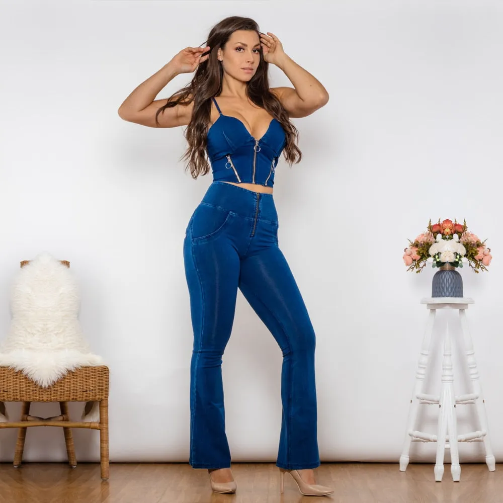 Shaper Set Bodysuit Zipper Push Up Top Dark Blue Jeans Top High Waist Flare Jeans Women Two Piece Outfits