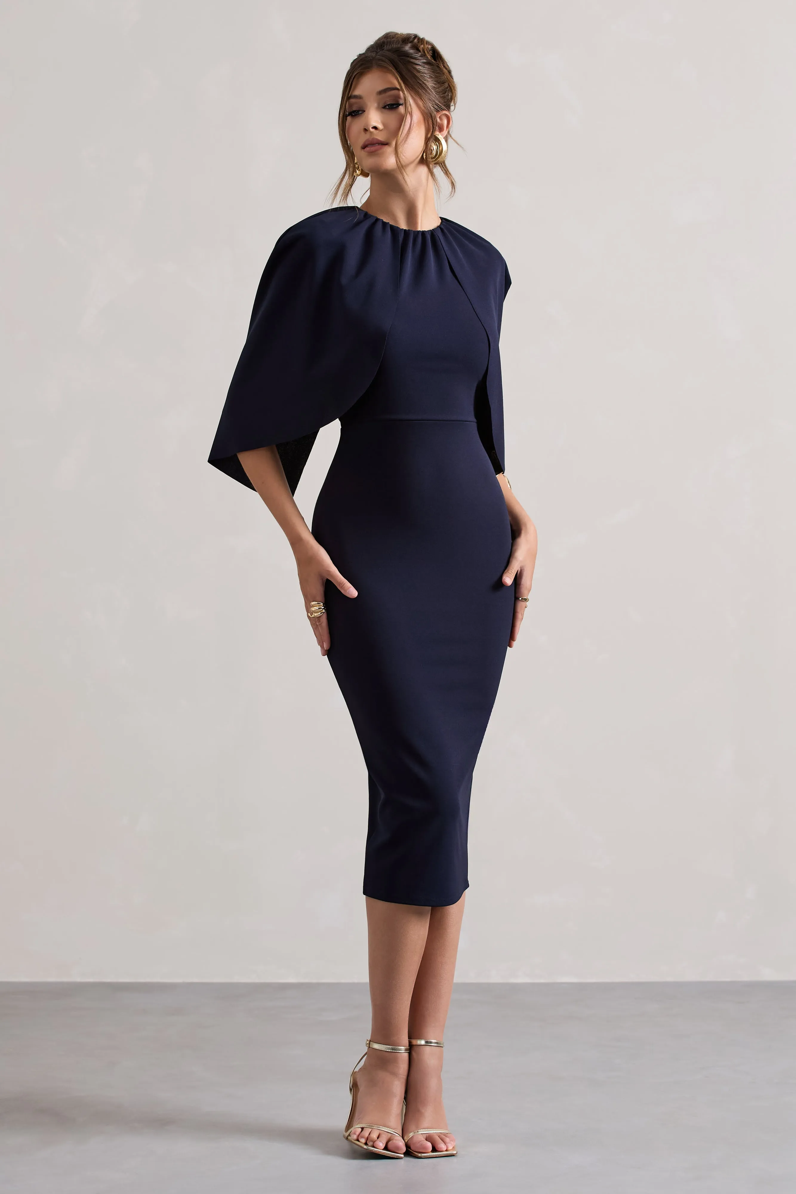 Sweeney | Navy Draped Short-Sleeve Midi Dress