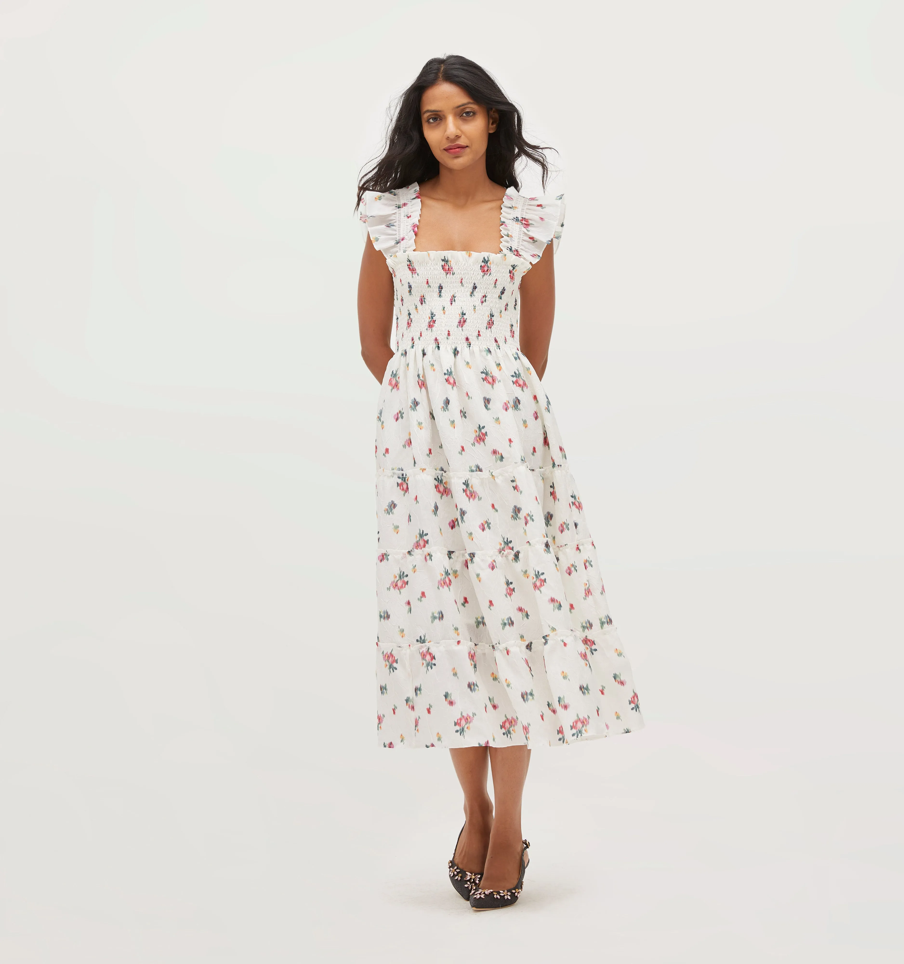 The Ellie Nap Dress - Ivory Ikat Floral Crushed Taffeta