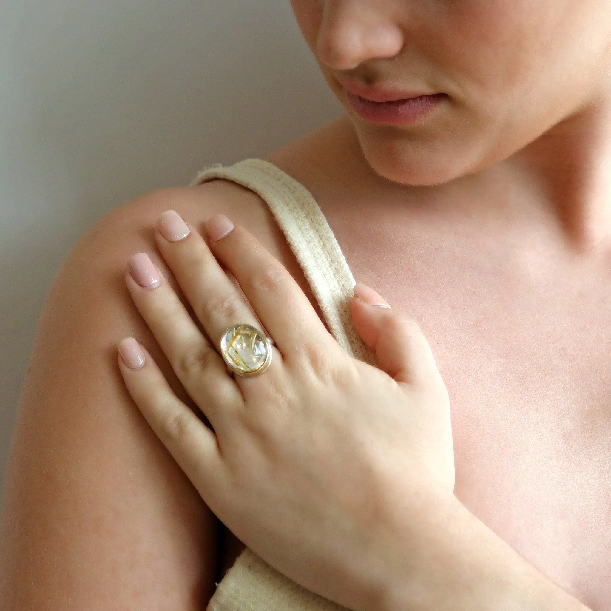 Vertical Oval Smooth Rutilated Quartz Ring